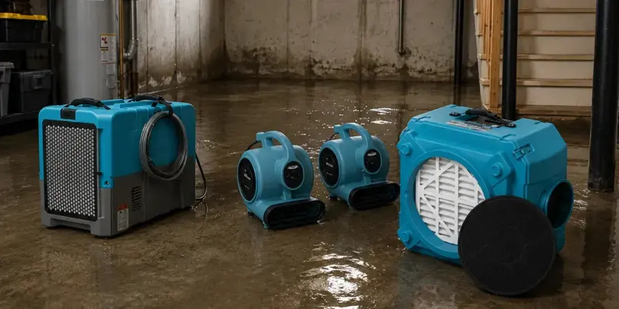 Dehumidifier, air movers and an air scrubber staged in standing water during a Fontana water extraction